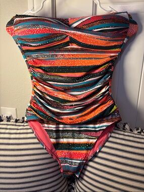 Anne Cole Strapless One-Piece Swimsuit in Orange, Teal, Pink and Black